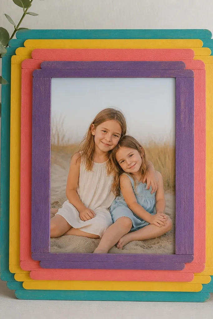 A 5x7 frame with a border made from popsicle sticks painted in four colors. The sticks are layered like steps, creating a stepped edge around a 4x6 photo.
