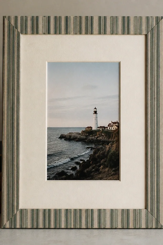 A 4x6 frame where the outer border is covered in a wallpaper strip pattern (vertical stripes). Inside is a thick off-white mat made from an old hardcover book cover board.