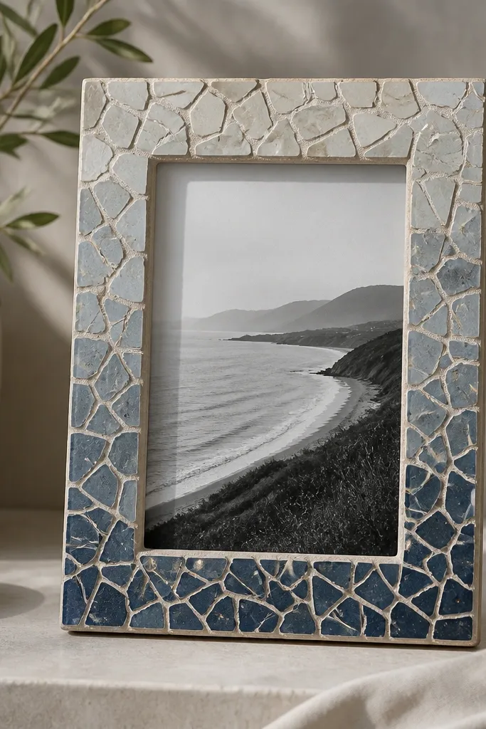 A 5x7 frame with a mosaic border made from small broken tile chips. The chips are arranged in a subtle blue-gray gradient with grout-like lines.