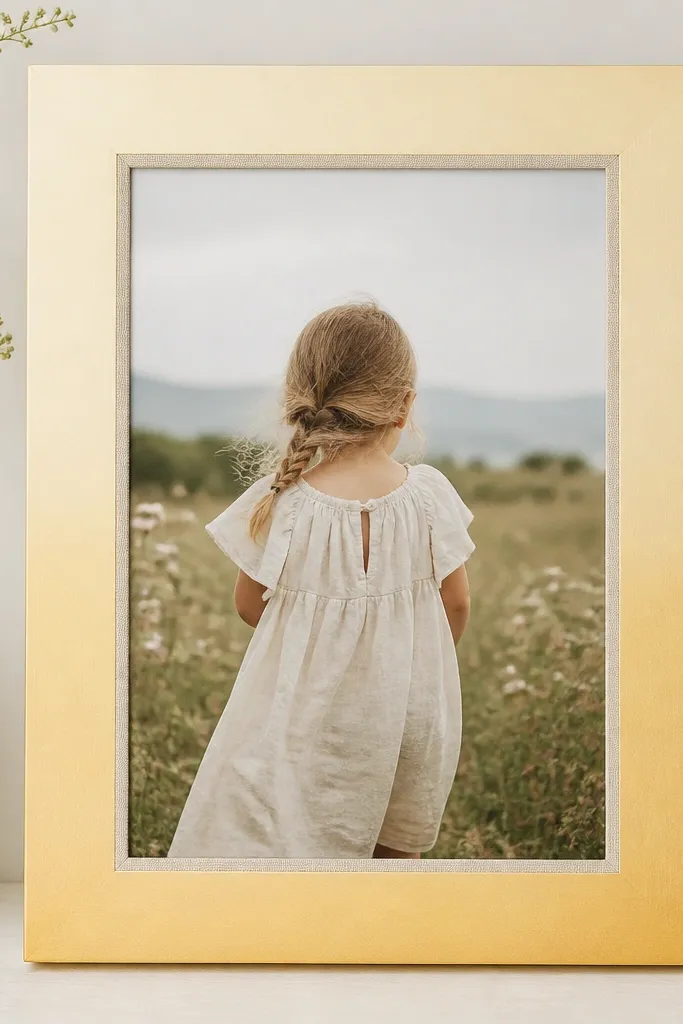 A 4x6 frame where the border has a soft ombre from pale cream to deeper honey. The inner edge has a thin linen tape line and the photo sits centered.