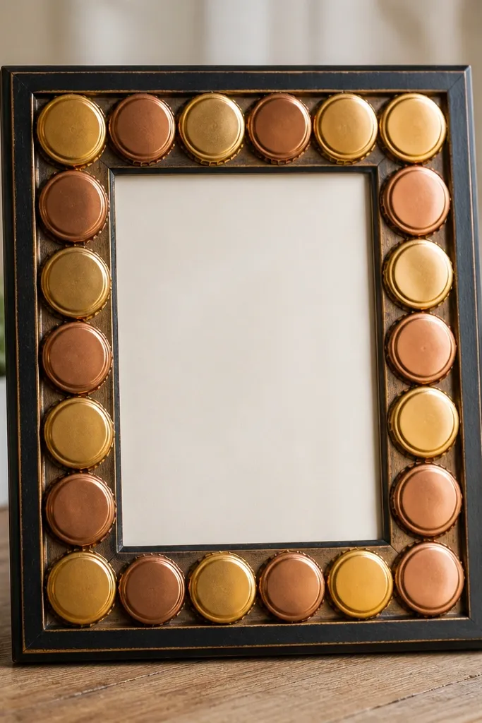 A 4x6 frame with an outer ring of bottle caps laid flat in a circle. The caps are gold and copper, and the center is a smooth painted board with a clear plastic cover.