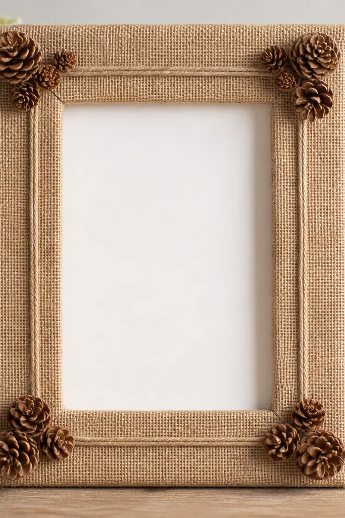 A 5x7 frame with a burlap background and small pinecones placed in clusters at the corners. Jute twine forms a simple border line around the inner opening.