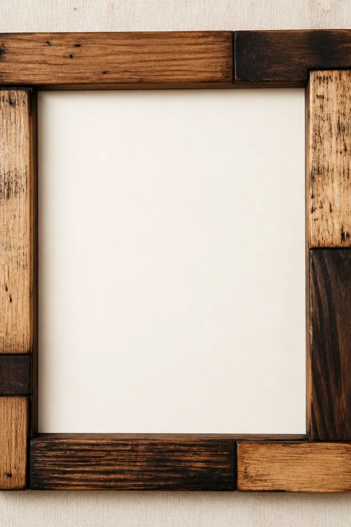 A 5x7 frame made from mismatched wood scraps assembled into a rectangular border. The edges are lightly burned with a wood burner, and the center is a clean off-white mat.