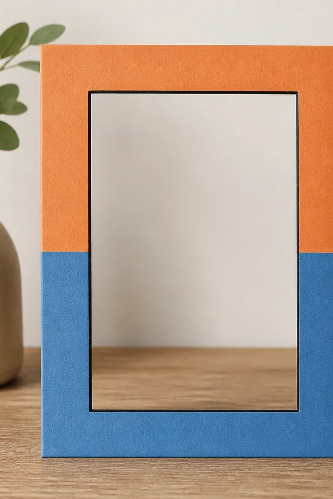 A 4x6 frame made from flattened cereal cardboard with bold colored panels. The inside opening is outlined with a thin black marker line, and the outside has two solid color blocks.