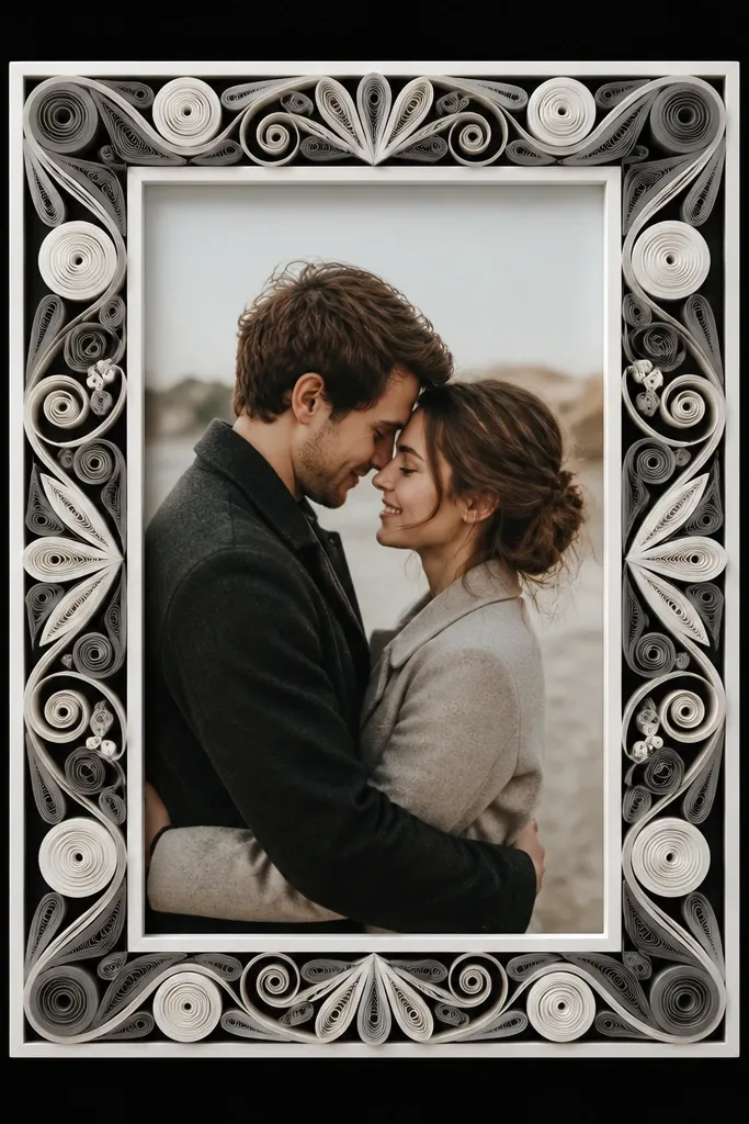 A 5x7 frame with a flat quilled border made from tight paper coils in white and muted gray. The photo sits centered on a black background, giving strong contrast.