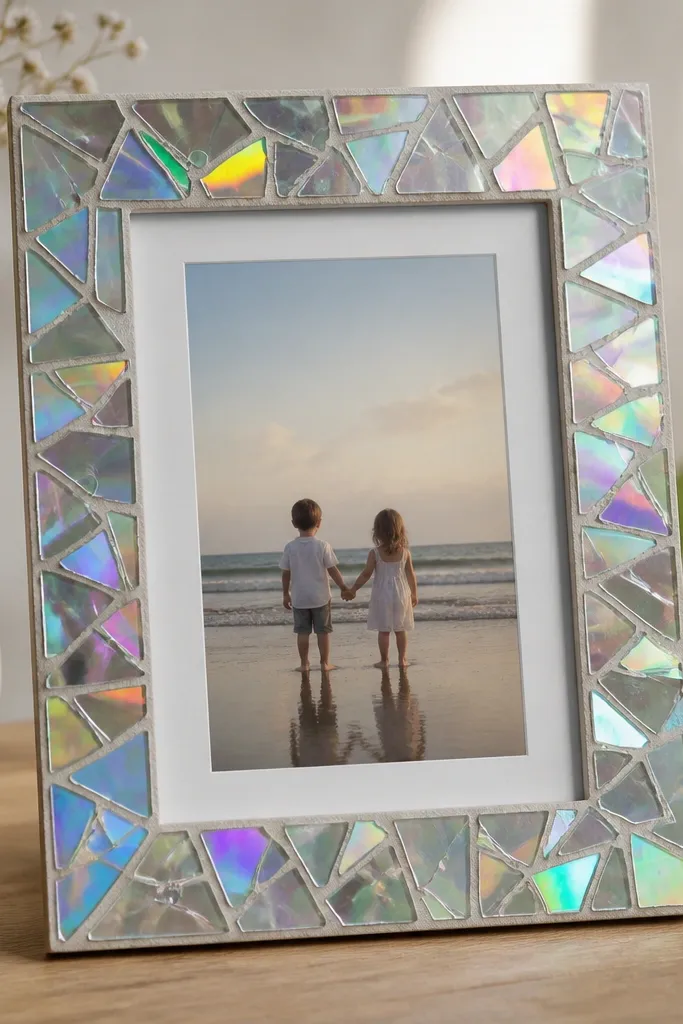 A 4x6 frame where the outer border is made from glued CD fragments. The fragments reflect rainbow colors, while the center is a matte white panel holding the photo.