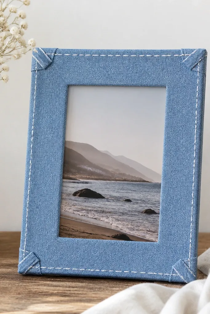A 5x7 frame covered in washed blue denim. Along the outer border, white fabric paint lines mimic stitching, and the corners have small folded denim triangles.