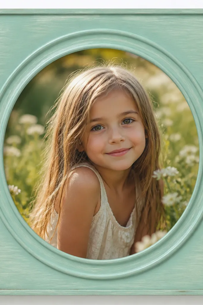 A 4x6 frame where a raised ring made from a flattened tin can encircles the photo. The tin ring is painted seafoam green with a brushed texture.