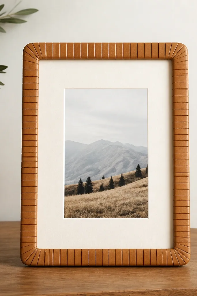 A 5x7 frame made from thin leather strips wrapped around the border. The edges are burnished to a smooth, light tan finish, and the inner mat is cream paper.