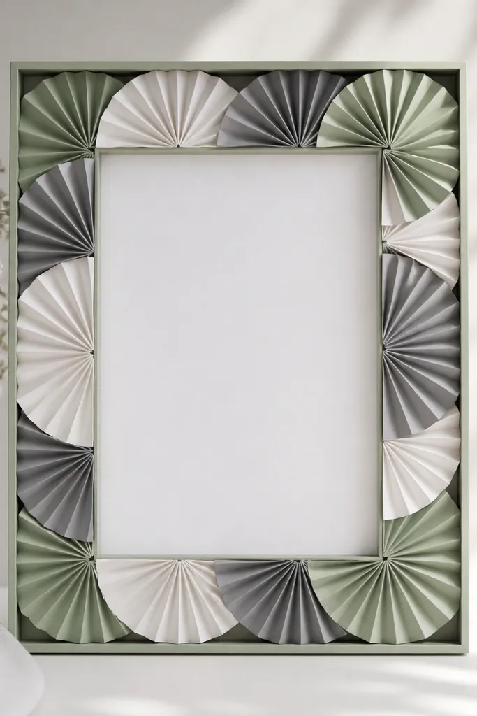 A 4x6 frame with a border made from folded paper fans in alternating colors (sage, white, gray). The fans sit behind a thin outer paper frame.