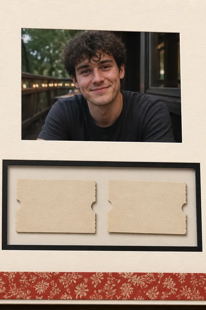 A scrapbook page with a clear plastic window cut into cream cardstock. Two movie ticket stubs sit centered under the window, with a thin black cardstock mat border. A strip of red patterned paper runs along the bottom edge, and the boyfriend's photo is placed above the tickets.