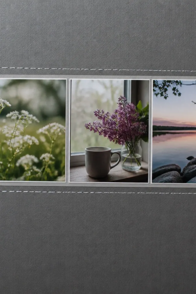 A dark gray cardstock page with a narrow lighter gray mat around a horizontal photo strip of three pictures. A simple stitched-looking line is drawn with a white gel pen. Small tabs on the left show handwritten dates, each in a different ink shade.