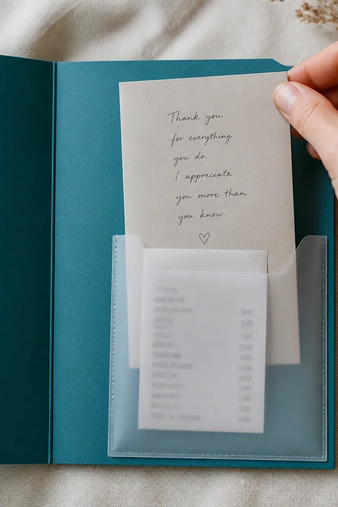 A page with a vertical pocket made from clear vellum attached to teal cardstock. A small grocery receipt is tucked inside. A folded note sits behind the receipt, with a handwritten message visible when the pocket is pulled open.