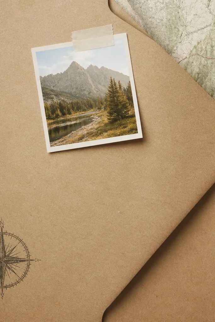 A light kraft paper scrapbook page with a corner folded like an envelope. Inside the fold is a small printed map with two coordinates circled in red. A tiny photo is taped near the fold, and a compass icon is drawn in the opposite corner.