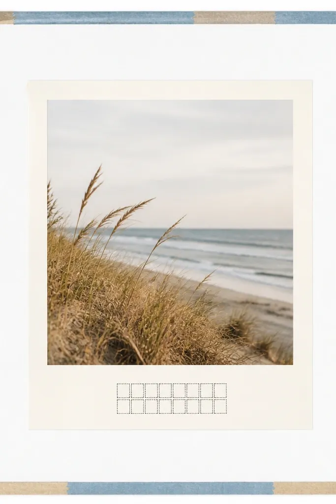 A white page with a clean photo centered inside a cream mat. Along the top and bottom edges are thin strips of washi tape in muted blue and tan. A small block of journaling sits under the photo, written like a stamp with boxed lettering.