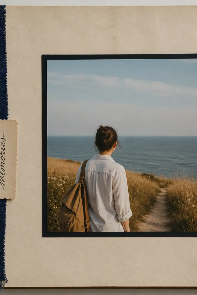 A scrapbook page with a small strip of dark navy fabric attached along the left edge like a bookmark. A photo sits center-right inside a black frame. The fabric has a single handwritten word on a paper tab.