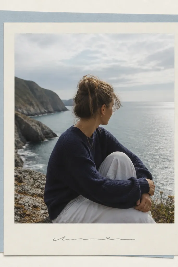 A page featuring one large photo in the center with two offset layers behind it: a cream mat and a slightly larger light blue mat. A small handwritten caption sits at the bottom like a Polaroid label.