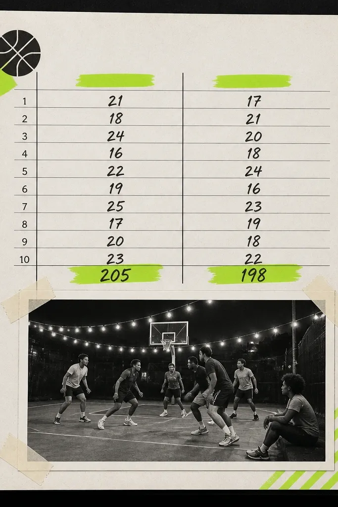 A scrapbook page designed like a sports scorecard. There are two columns with handwritten scores, a small printed logo in the top corner, and a photo of a game night taped under the columns. Colors are black, white, and neon green accents.