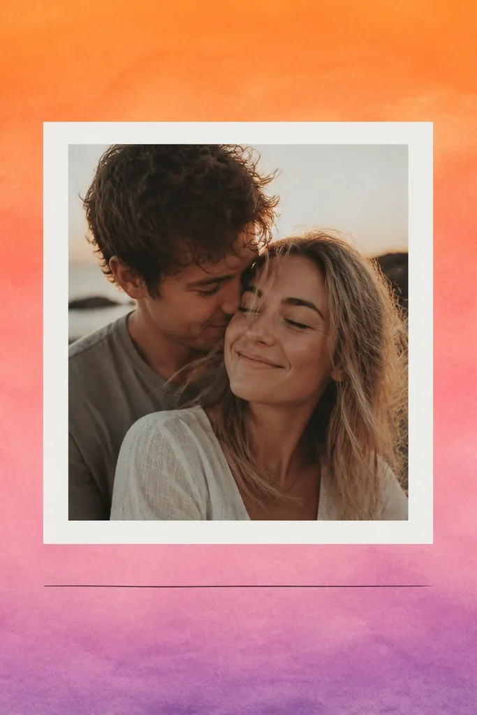 A page with a hand-painted sunset gradient background - orange fading to pink fading to purple. A single photo of the two of you sits centered inside a white mat. A small journaling line is placed under the photo.