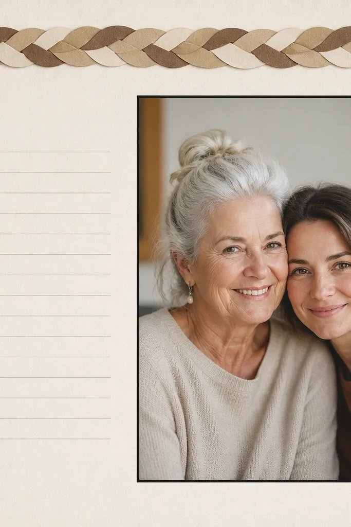 A page with a small banner across the top made from three braided paper strips in tan, cream, and brown. Below it is a photo of the two of you, framed with a simple black rectangle. The journaling sits on the left in a neat paragraph block.