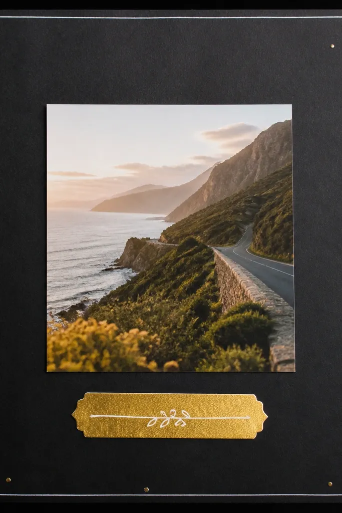 A black cardstock page with a photo in the center. Under the photo is a gold foil sticker label with handwritten white text. Small gold dots are scattered around the corners, and a thin white border frames the page.