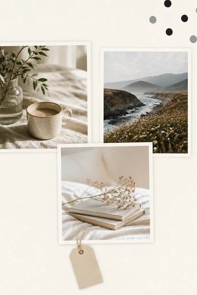 A cream page with a cluster of three photos arranged in a triangle. In the top right corner there are hand-drawn polka dots in gray and black. A small journaling tag hangs from the bottom photo.