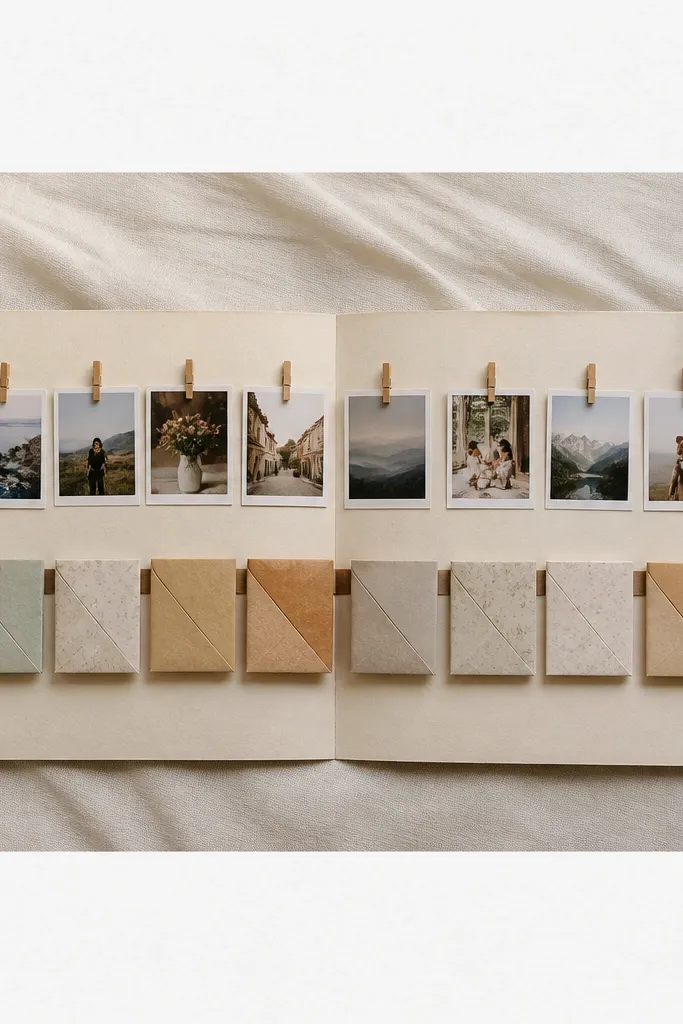 A spread with a long horizontal timeline across the middle. Each month has a small pocket made from folded paper squares. Photos are clipped with mini clothespins on the top edge.