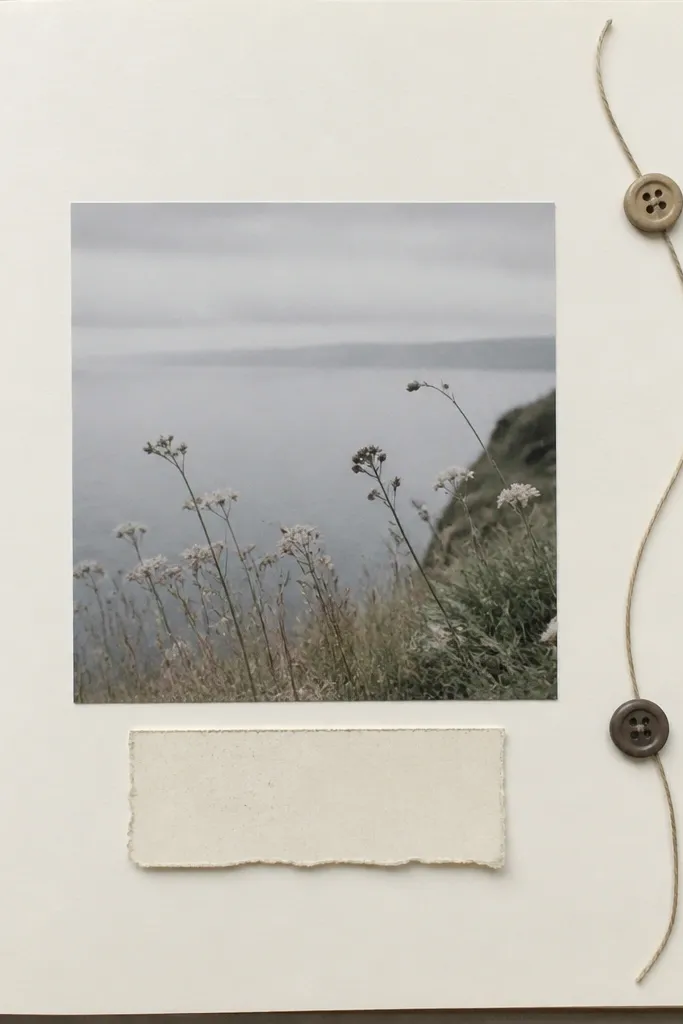 A page with a simple photo in the middle. Along the right side, a thin string is glued in a curved line, and two buttons are attached at points like markers. A small handwritten note sits under the photo.