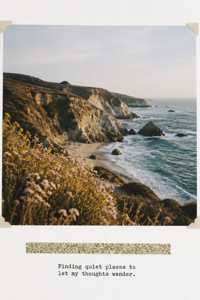 A white page with a photo centered. Instead of stickers, there are small corner tape tabs visible at the photo edges. Under the photo is a narrow strip of patterned paper and a short typed-looking caption in black pen.