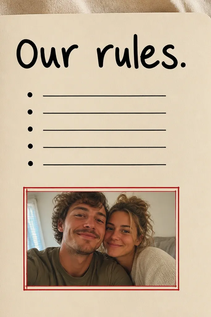 A cream page with large hand-lettered text in black marker reading "Our rules." Under it are five small bullet lines in a neat grid. A small photo of the two of you sits below the text, framed by thin red lines.