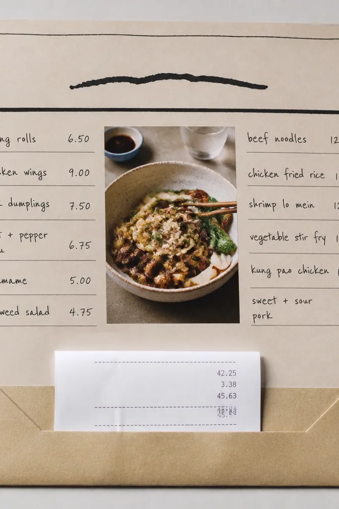 A page styled like a takeout menu. There's a top title in black, two columns listing items with prices written by hand, and a photo in the center. A small pocket at the bottom holds a restaurant receipt.