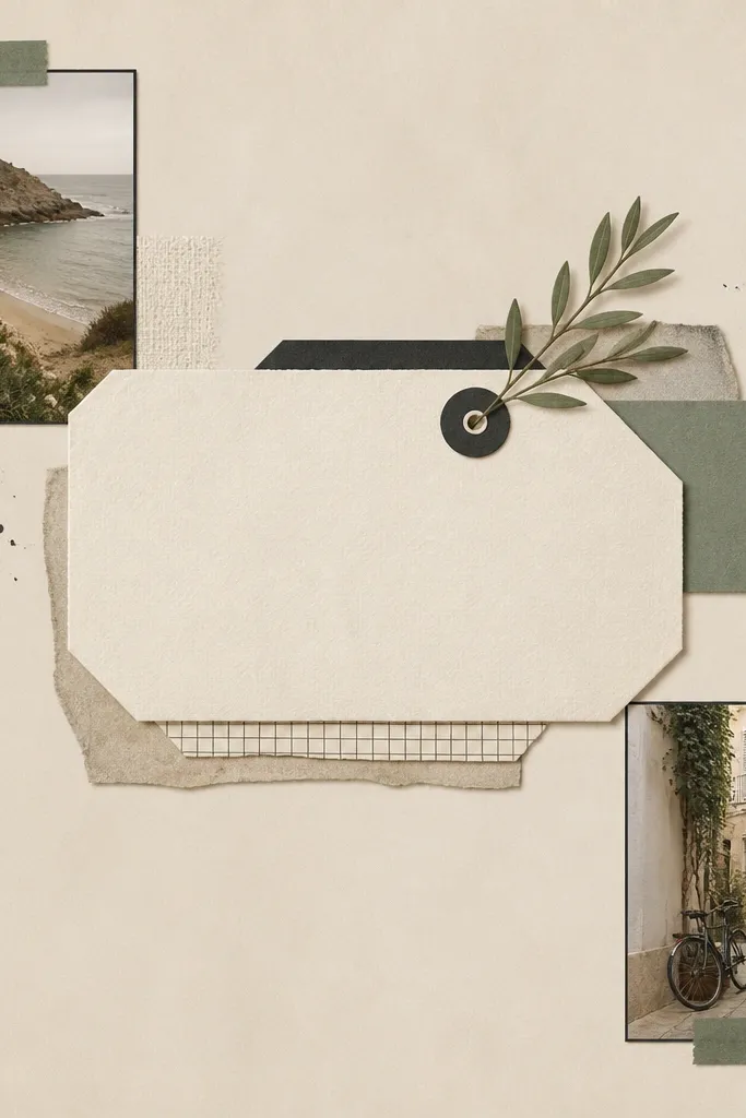 A page with two small photos placed in opposite corners, each inside a thin black frame. Between them is a larger journaling area with layered label stickers made from paper cutouts. Colors are beige, black, and a muted green accent.