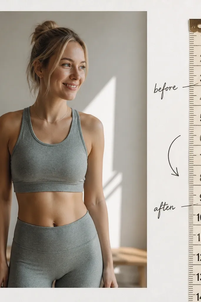 A page with a photo on the left and a vertical tape measure strip on the right. The tape measure has handwritten "before" and "after" notes. A small arrow doodle points from before to after.