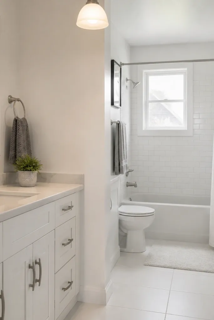 Small bathroom painted bright white with satin sheen on walls and matching trim