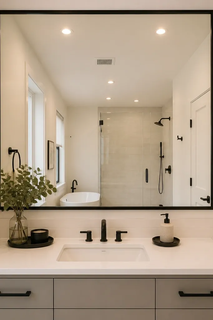 Large rectangular mirror with a thin black frame above a small vanity