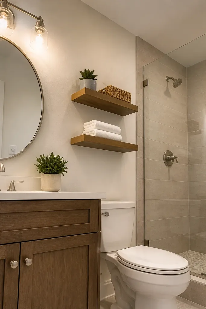 Bathroom vanity light with warm bulbs casting soft light on the counter
