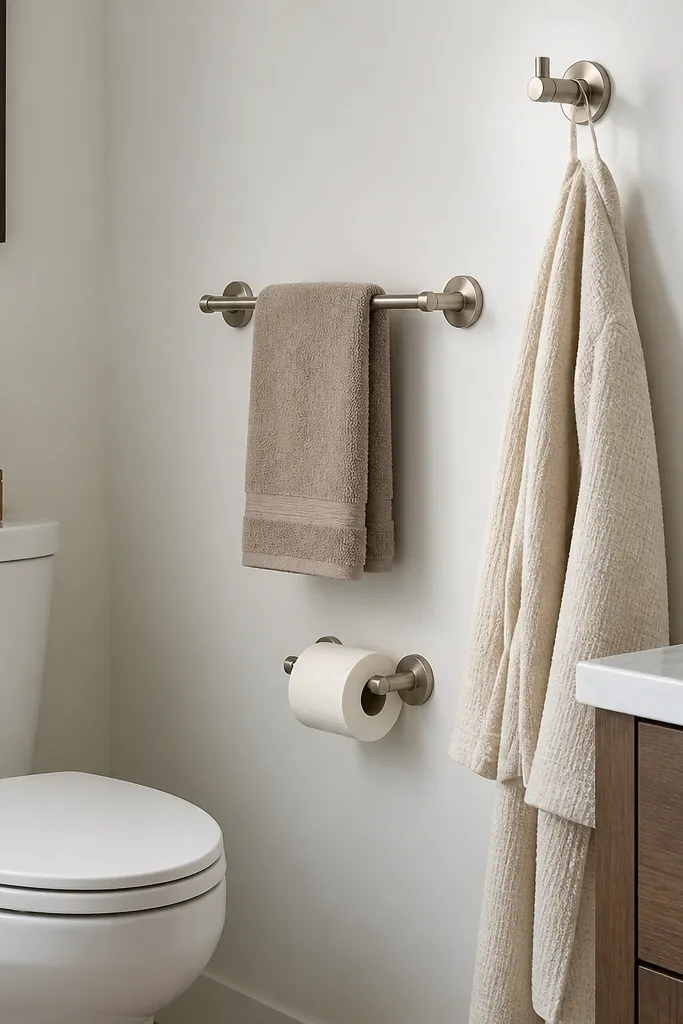 Brushed nickel toilet paper holder and matching towel bar on a small wall