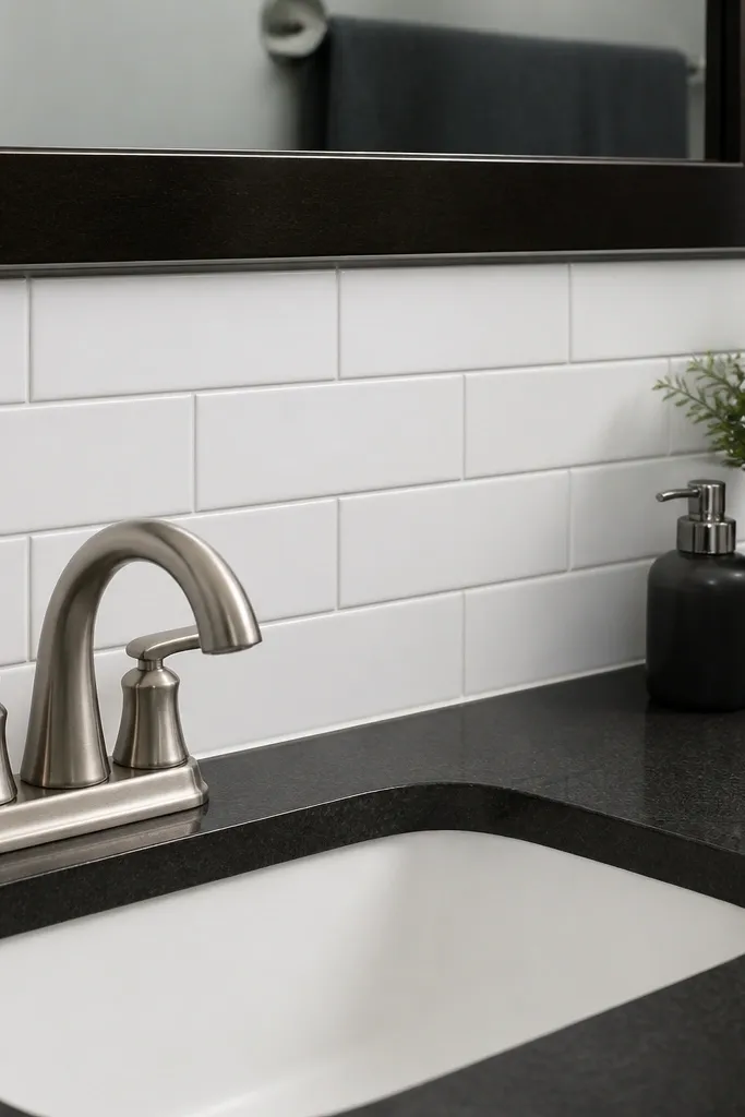 Peel-and-stick white subway tile backsplash behind a small sink