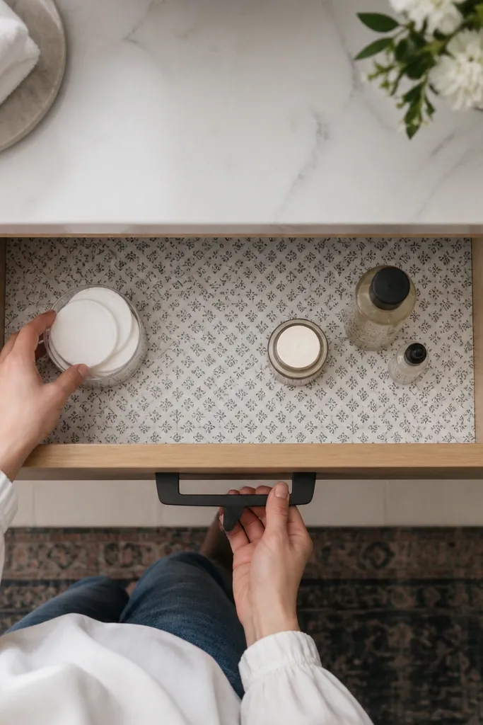 Patterned waterproof liner inside a small bathroom vanity drawer