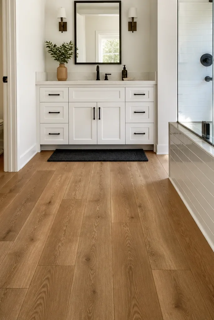 Warm oak peel-and-stick vinyl plank floor in a small bathroom