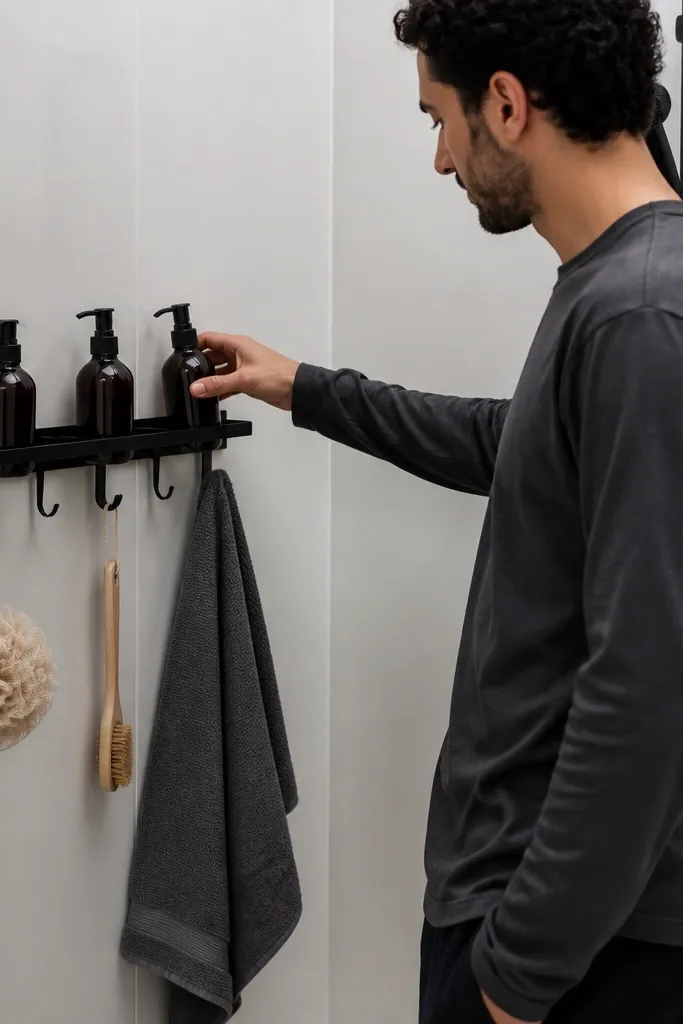 Magnetic shower caddy mounted on a small glass shower wall