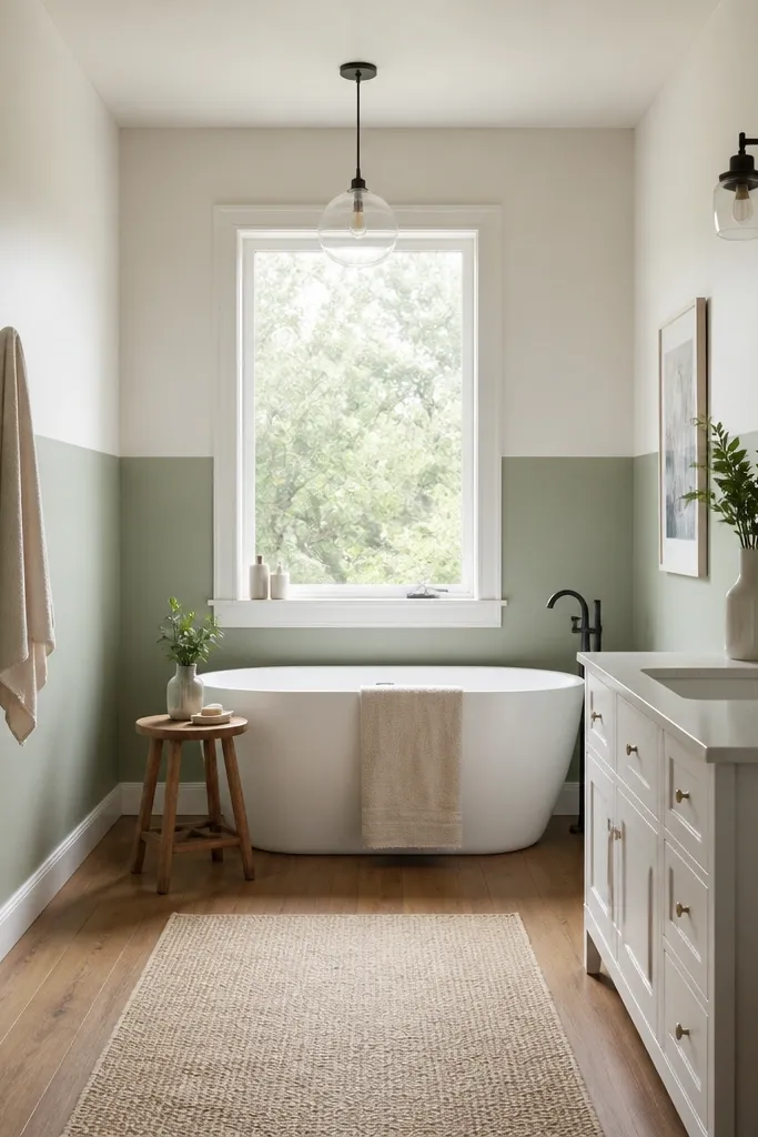 Small bathroom with light upper walls and soft sage lower paneling line