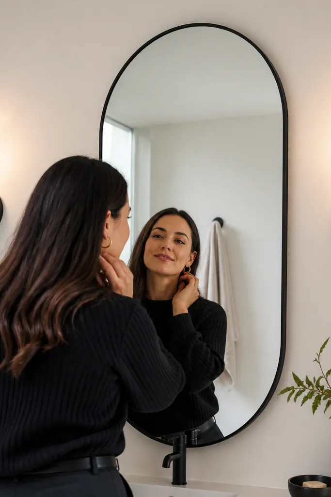 Matte black wall sconce beside a mirror with a clear glass shade