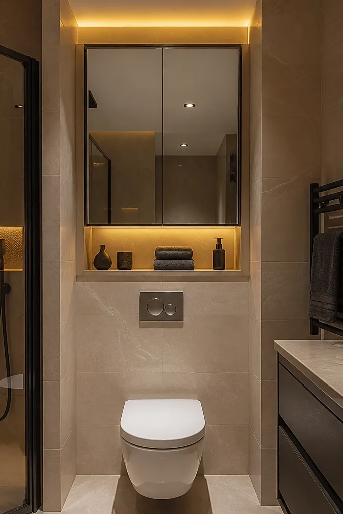 Over-toilet cabinet with a mirrored door above a small toilet