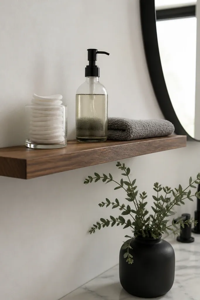 Small floating shelf in warm stained wood above a toilet with neatly arranged bottles