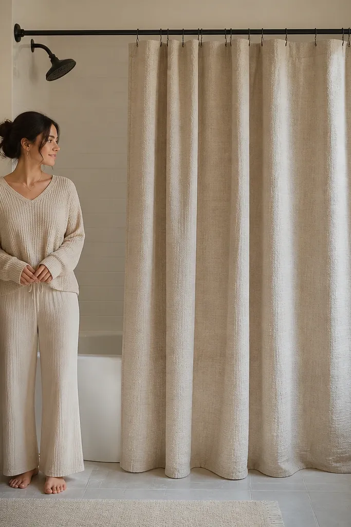 Floor-length textured shower curtain in neutral linen with a simple rod