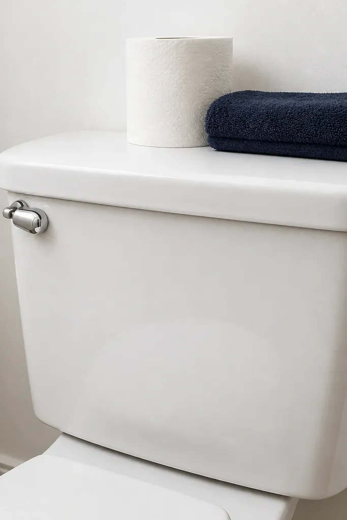 Glossy white toilet tank cover with a smooth front in a small bathroom