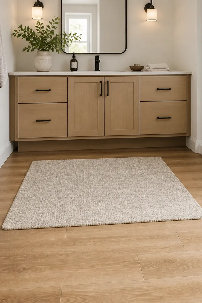 Low-pile textured bath mat in neutral tones placed neatly by the sink