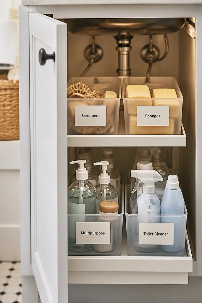 Clear bins under the sink with neat labels in a small bathroom
