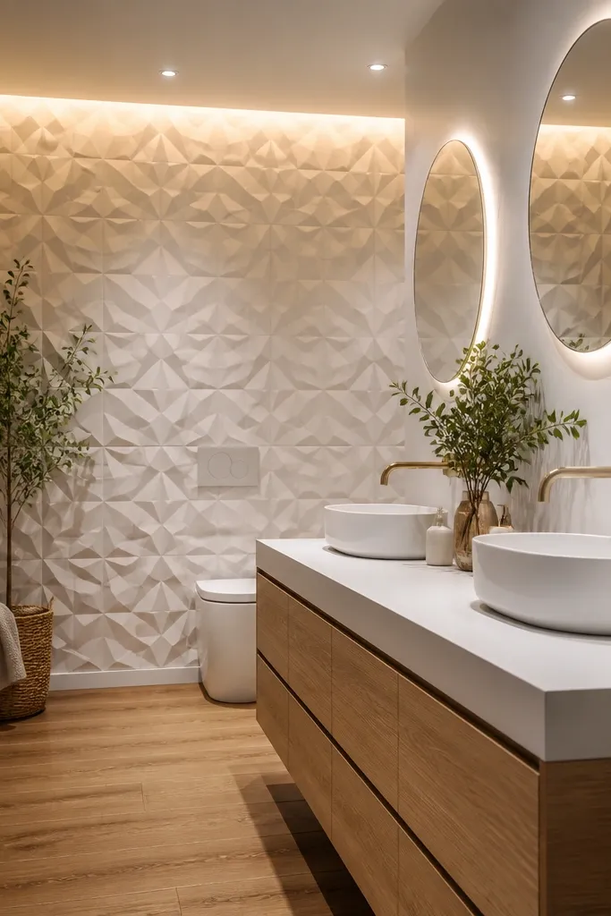 Small bathroom accent wall with 3D geometric peel-and-stick panels